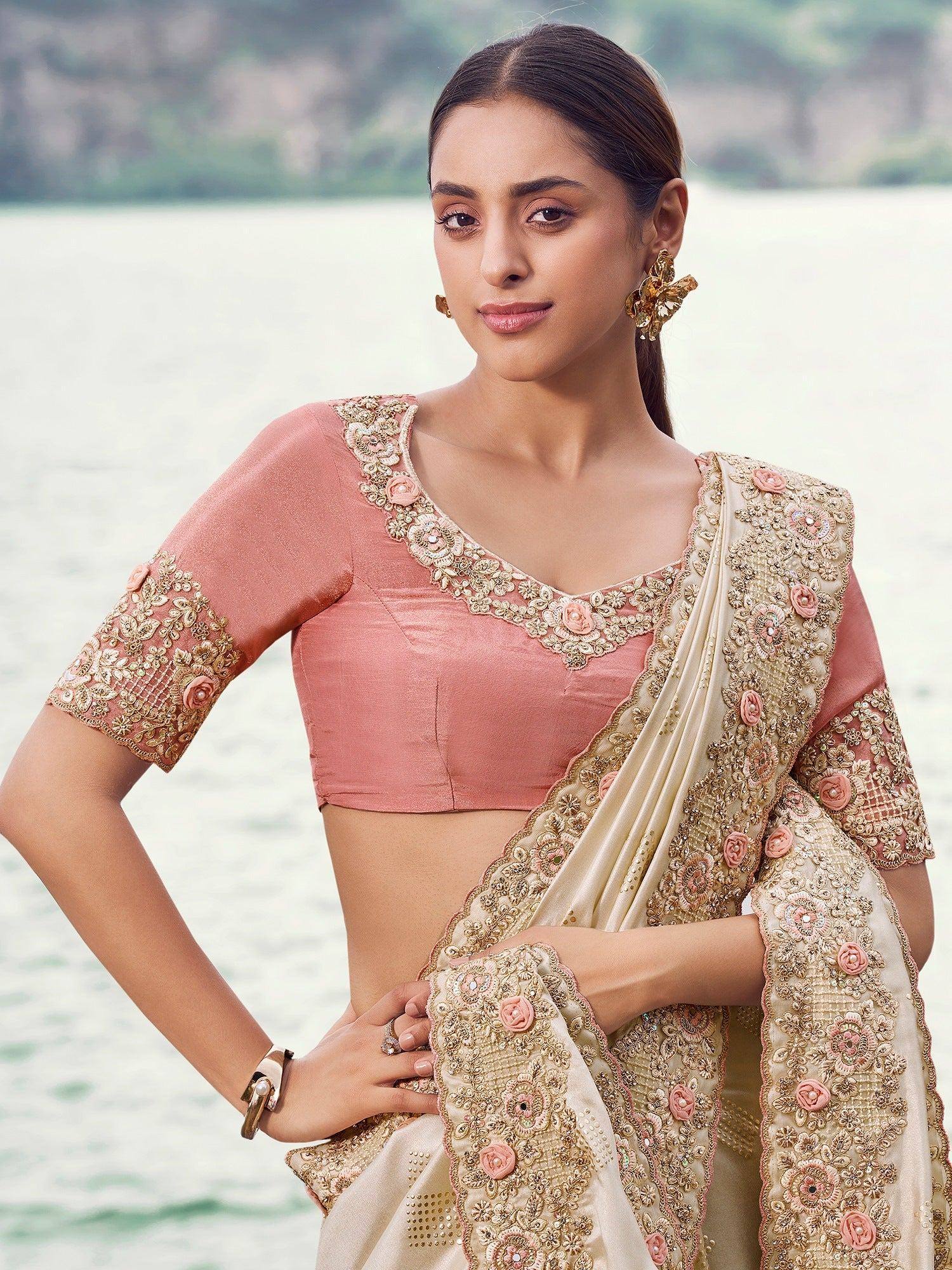 Captivating Beige Embroidered Silk Party Wear Saree With Blouse