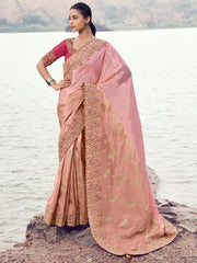 Glowing Peach Thread Embroidered Silk Festive Wear Saree With Blouse