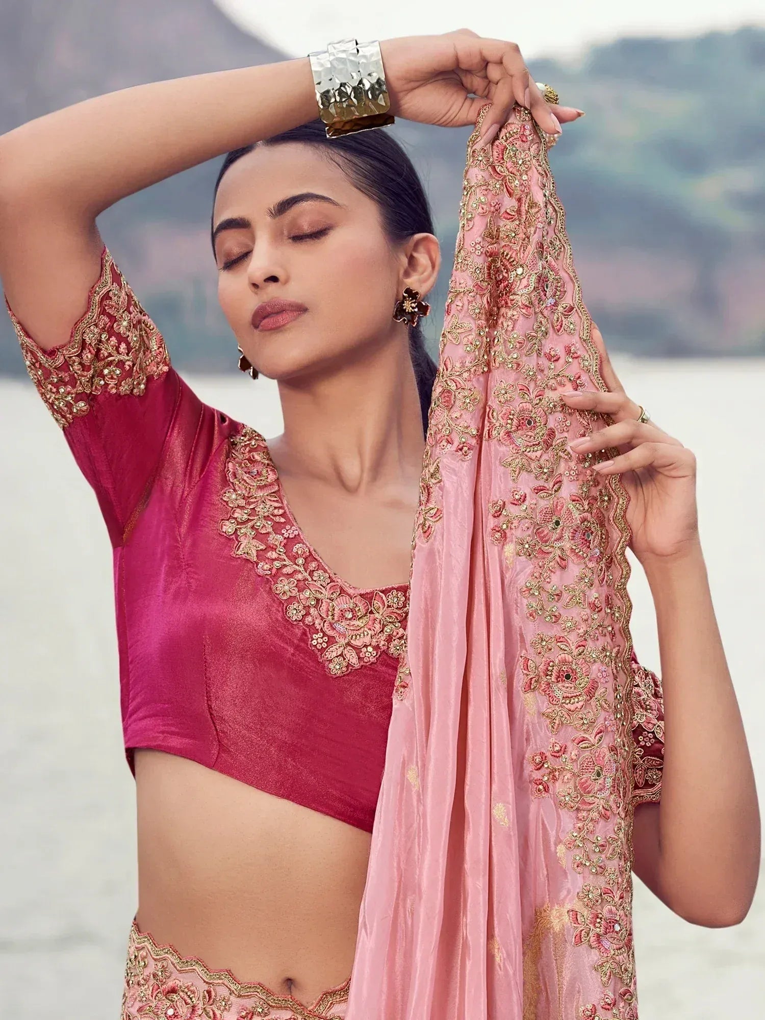 Glowing Peach Thread Embroidered Silk Festive Wear Saree With Blouse