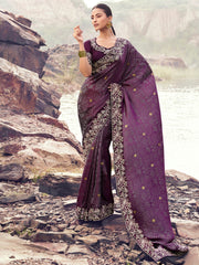 Fantastic Purple Heavy Embroidered Silk Wedding Wear Saree With Blouse