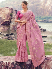 Adorable Pink Zari Work Silk Engagement Wear Saree With Blouse