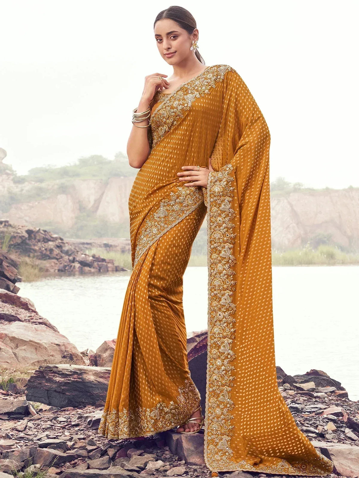 Mustard yellow embroidered saree with polka dots, perfect for ethnic occasions and Indian wear