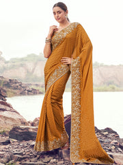 Incredible Orange Embroidered Silk Festive Wear Saree With Blouse