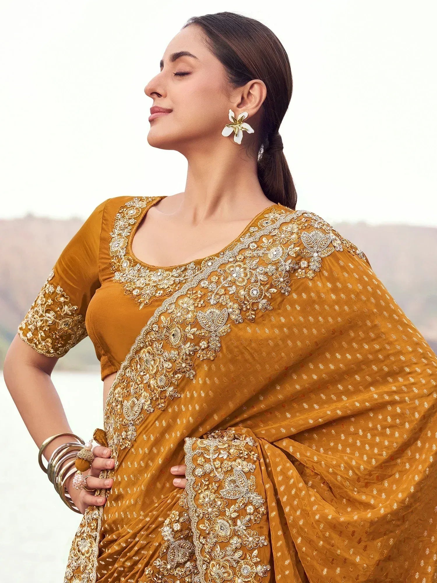 Incredible Orange Embroidered Silk Festive Wear Saree With Blouse