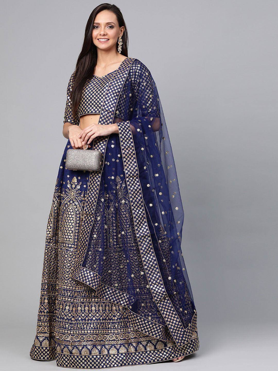 Navy blue designer lehenga choli with gold embroidery, perfect for weddings and festive occasions
