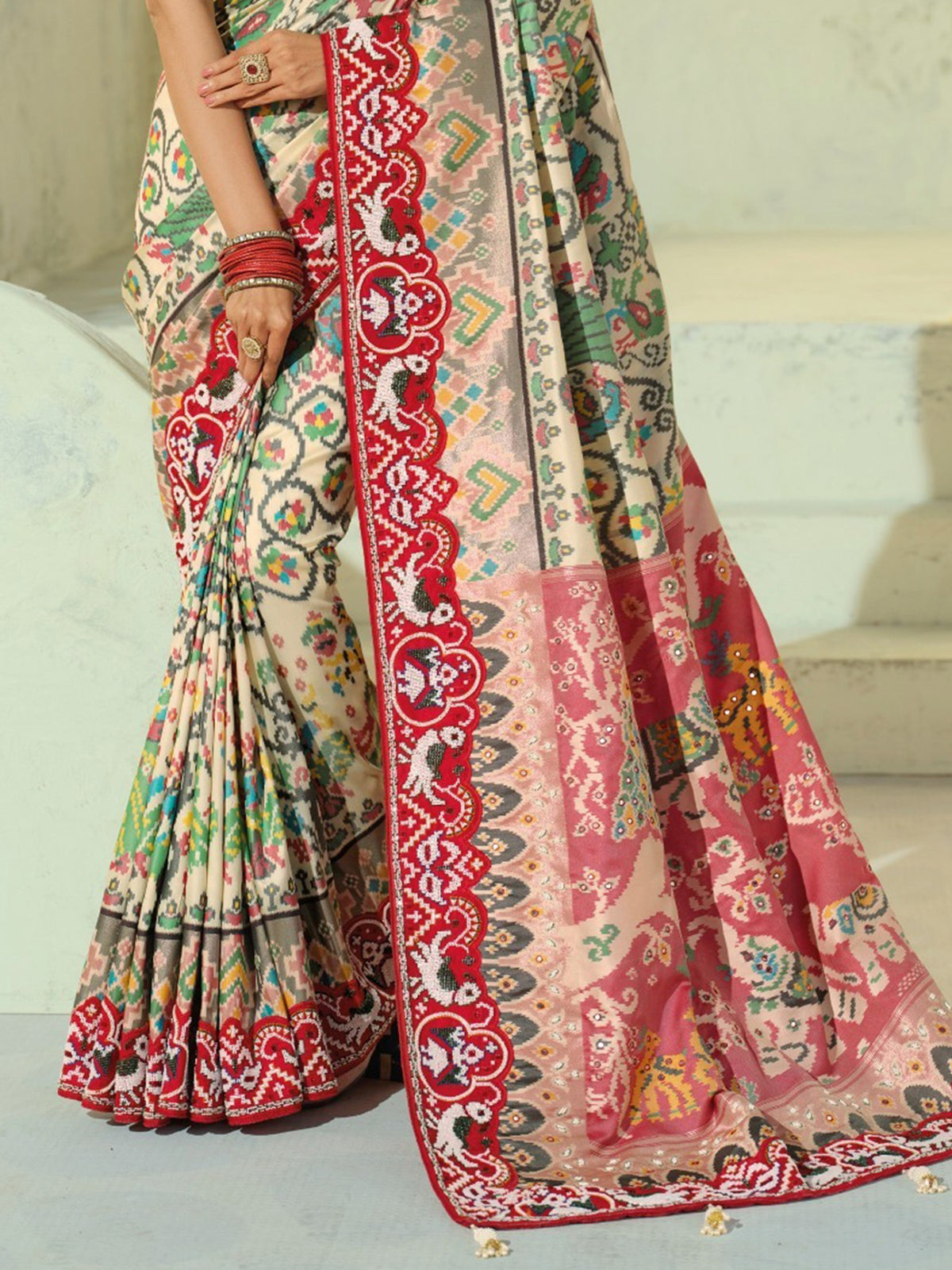 Precious Cream Bead Embroidery Silk Festive Wear Patan Patola Saree