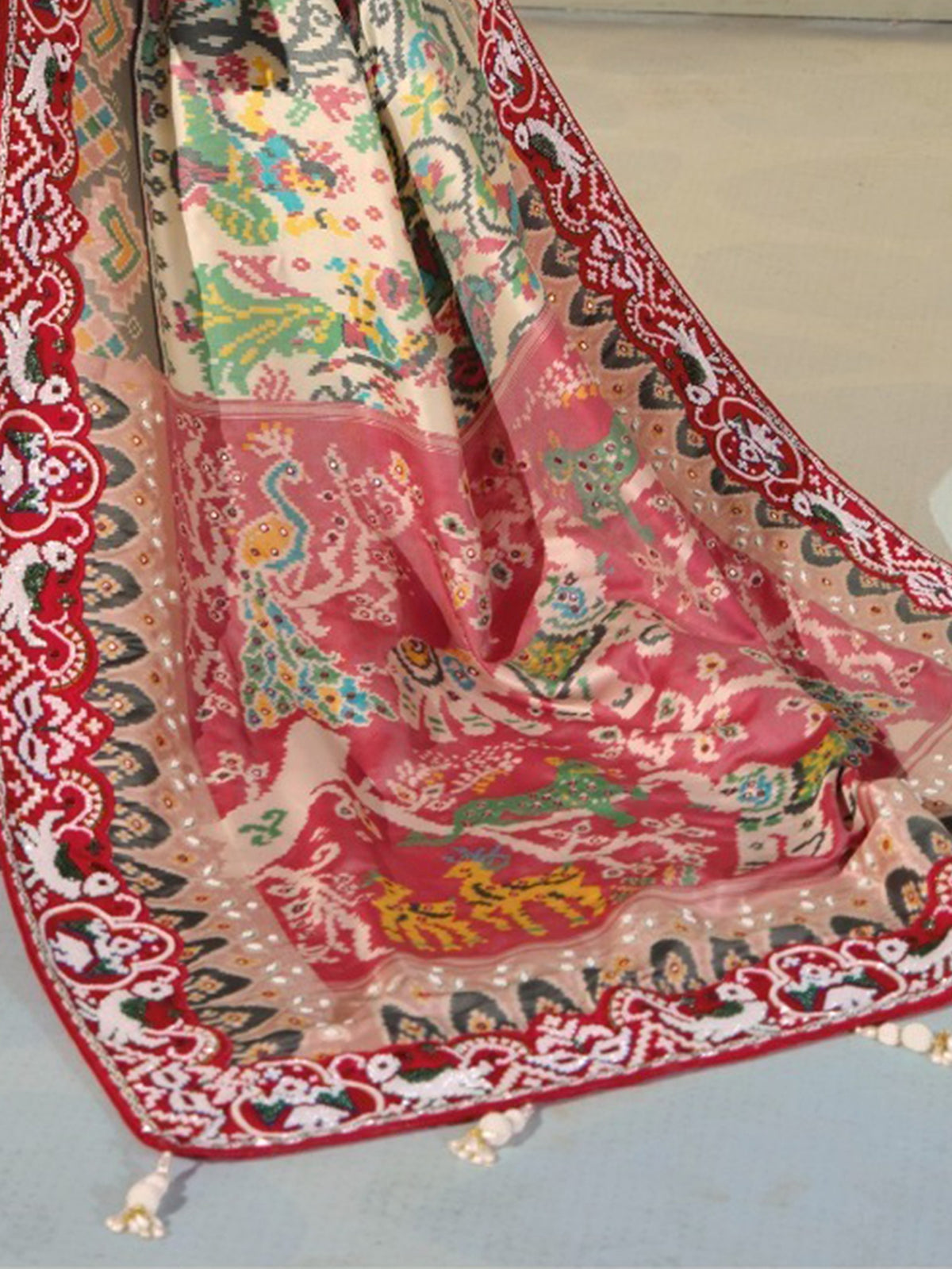 Precious Cream Bead Embroidery Silk Festive Wear Patan Patola Saree
