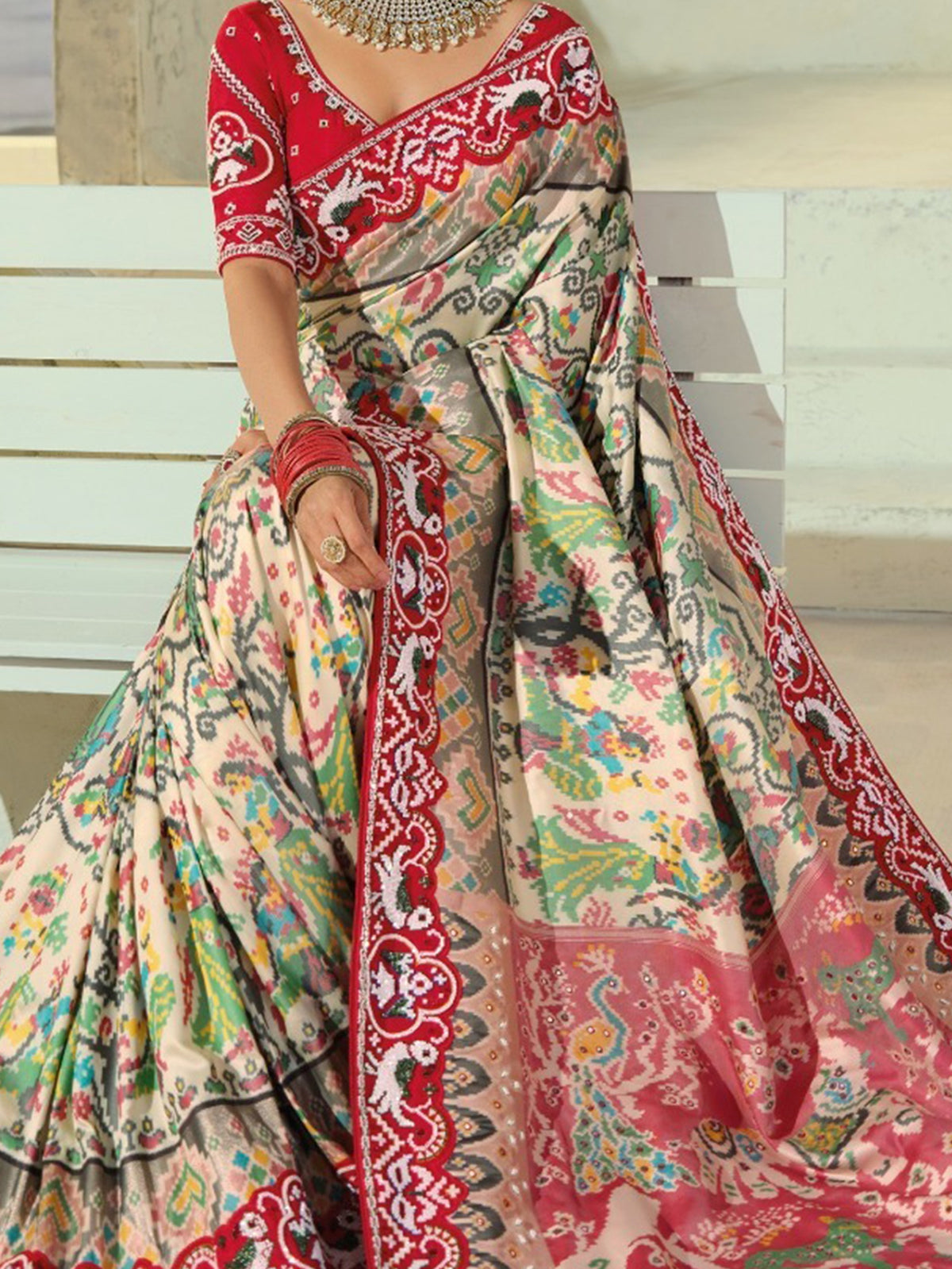 Precious Cream Bead Embroidery Silk Festive Wear Patan Patola Saree