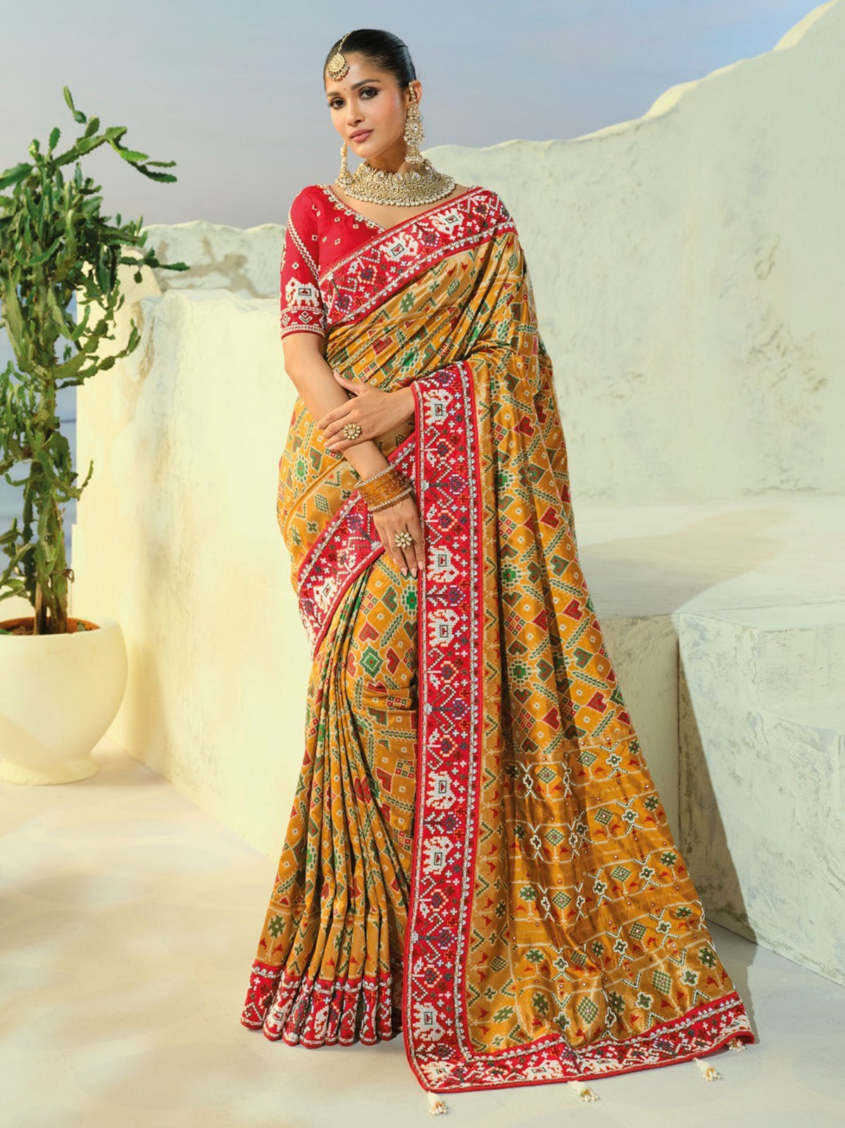 Great Mustard Yellow Bead Work Silk Haldi Wear Patan Patola Style Saree