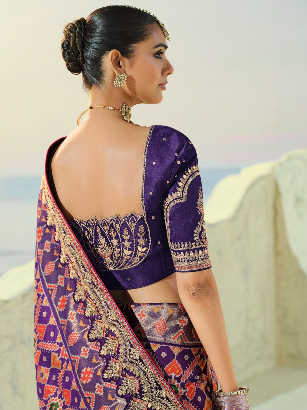 Artistic Purple Hand Embroidery Wedding Wear Patan Patola Style Saree