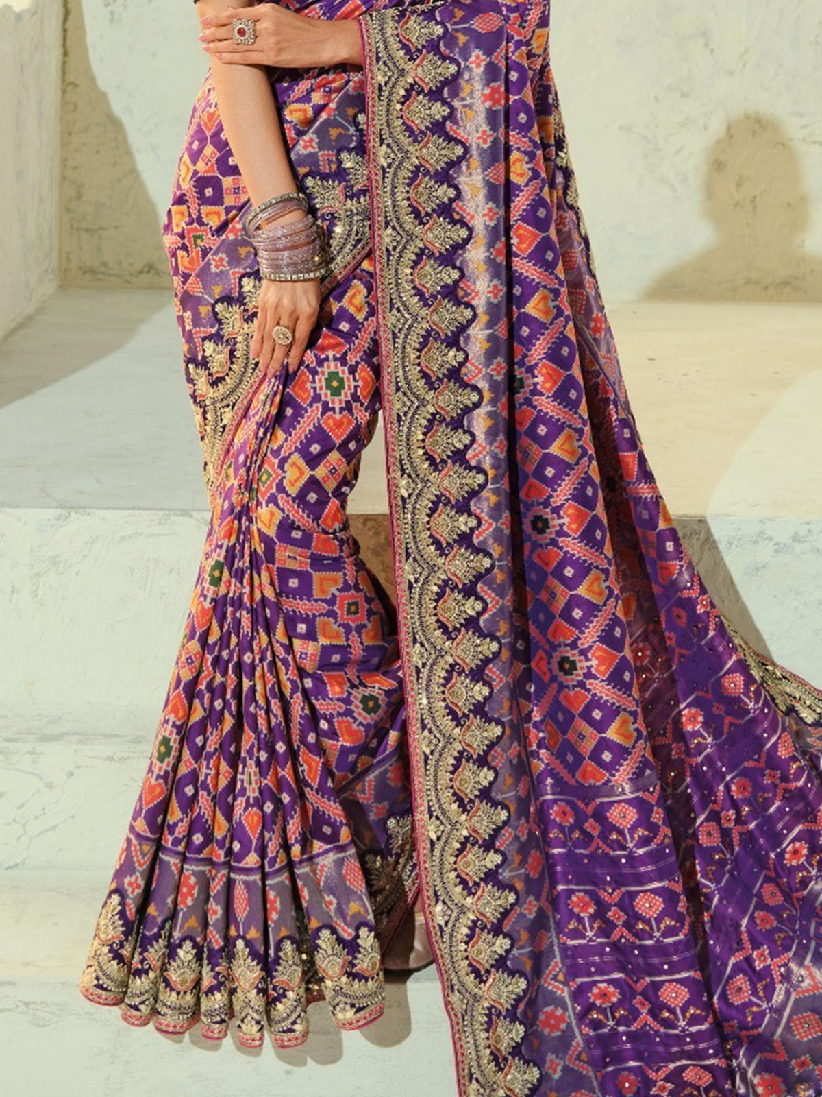 Artistic Purple Hand Embroidery Wedding Wear Patan Patola Style Saree