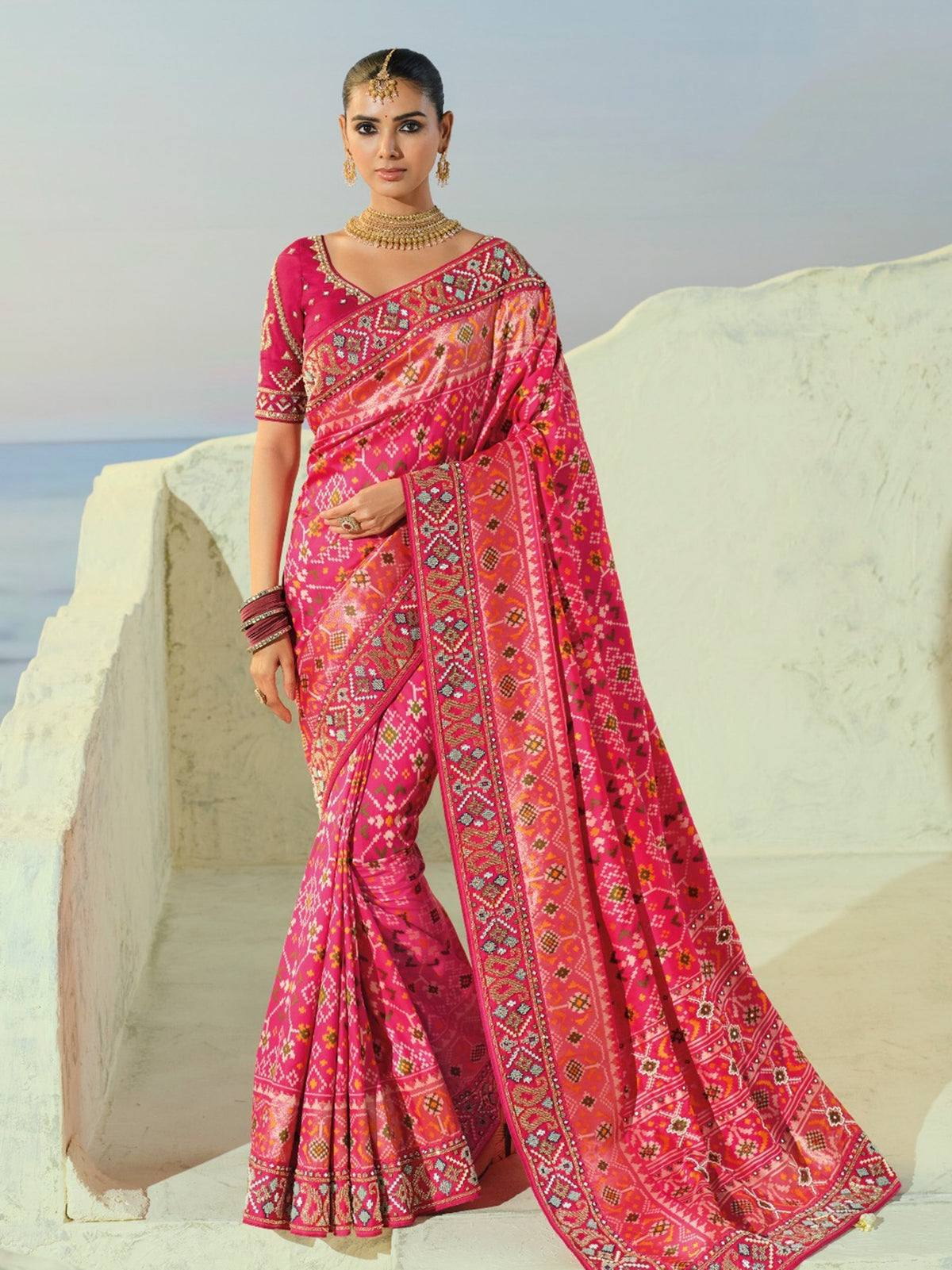 Attractive Pink Bead Embroidery Reception Wear Patan Patola Style Saree