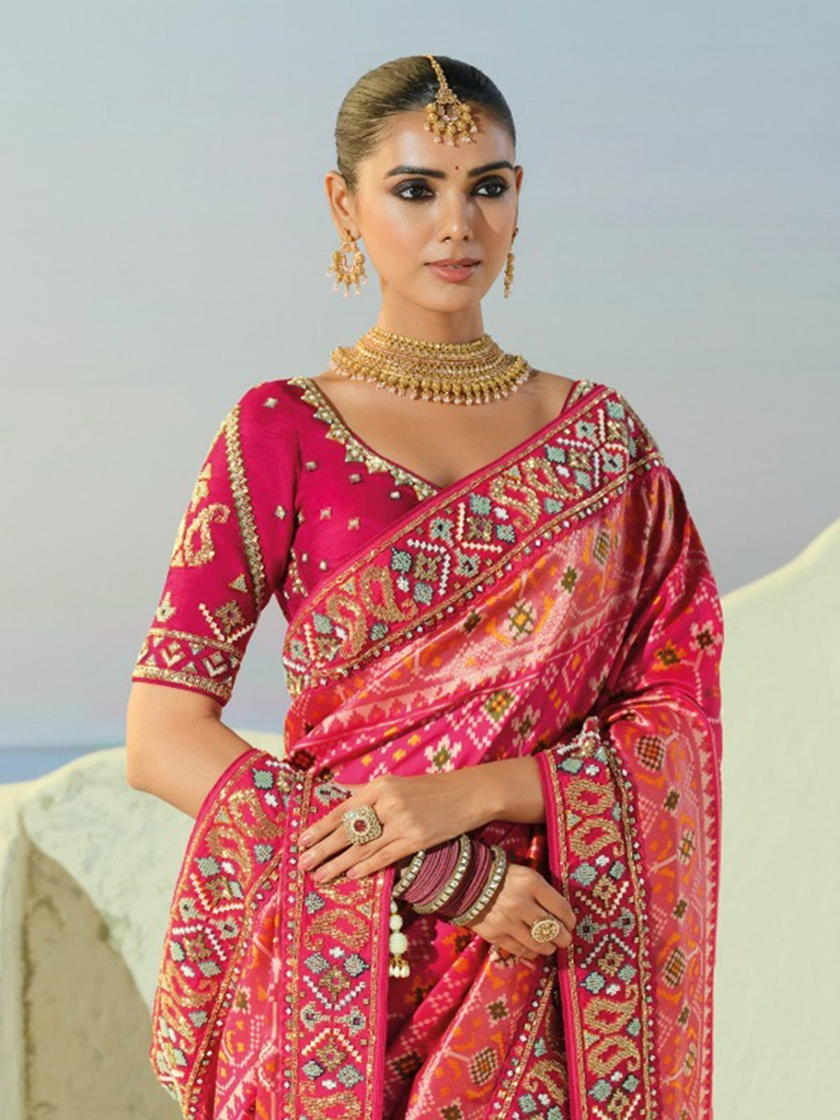 Attractive Pink Bead Embroidery Reception Wear Patan Patola Style Saree