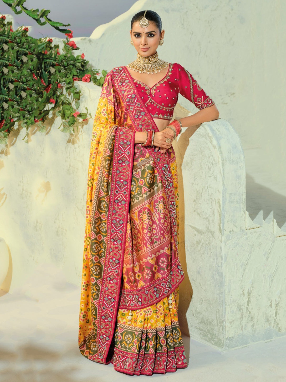 Stunning Yellow Bead Work Silk Event Wear Patan Patola Style Saree