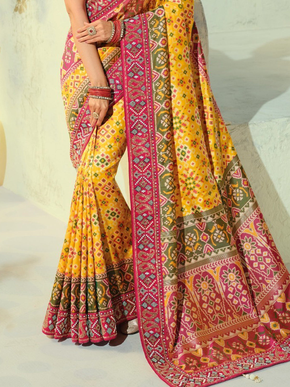 Stunning Yellow Bead Work Silk Event Wear Patan Patola Style Saree