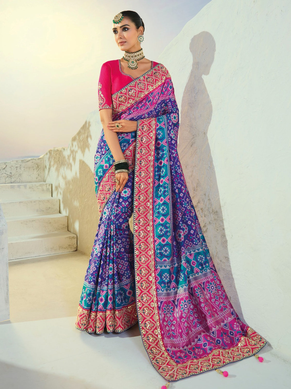 Alluring Blue Heavy Embroidery Silk Festive Wear Patan Patola Style Saree