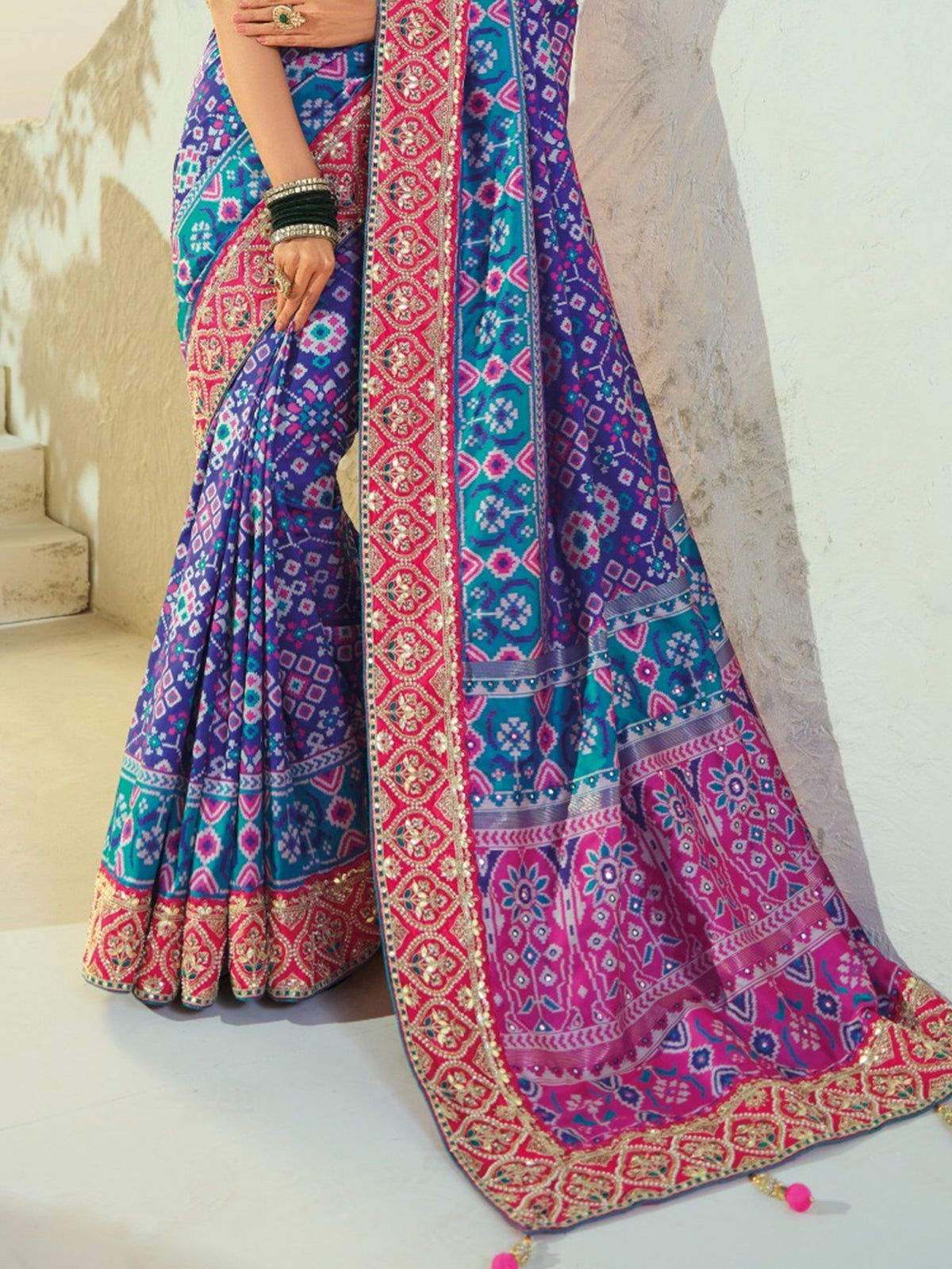 Alluring Blue Heavy Embroidery Silk Festive Wear Patan Patola Style Saree