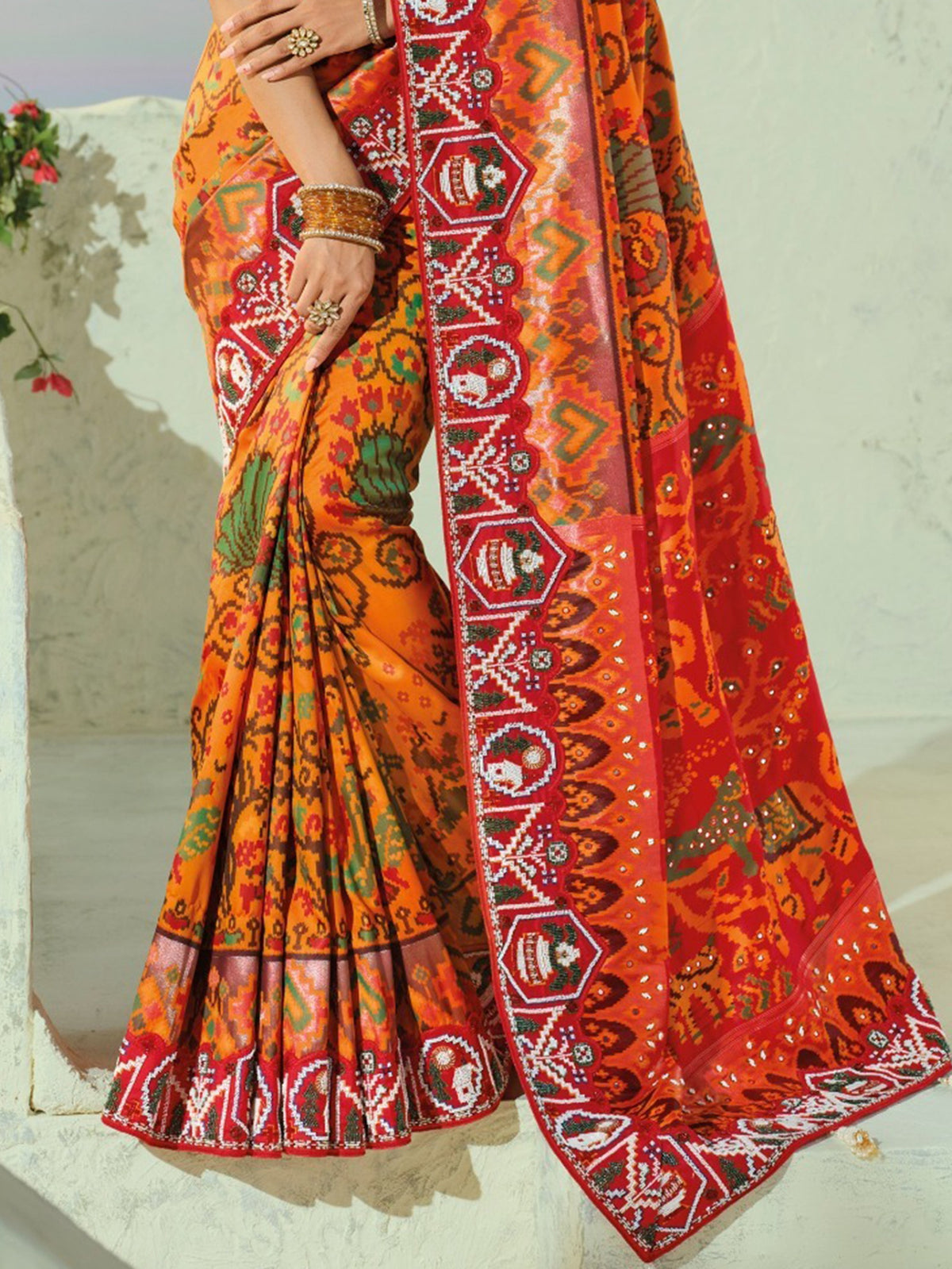 Exquisite Orange Bead Embroidery Silk Designer Patan Patola Style Saree