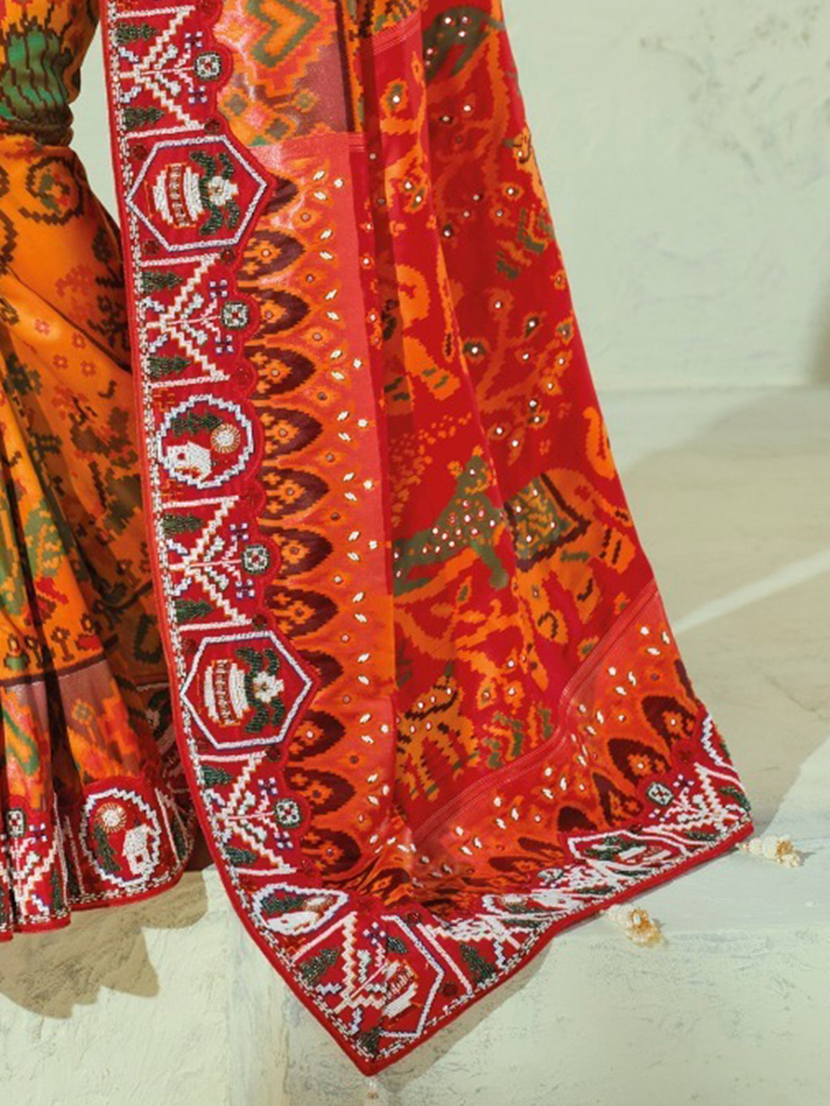 Exquisite Orange Bead Embroidery Silk Designer Patan Patola Style Saree