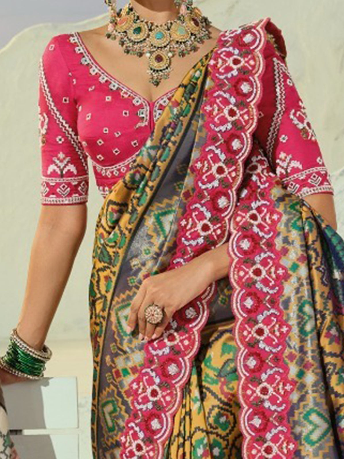 Luxurious Mustard Yellow Bead Work Traditional Patan Patola Style Saree