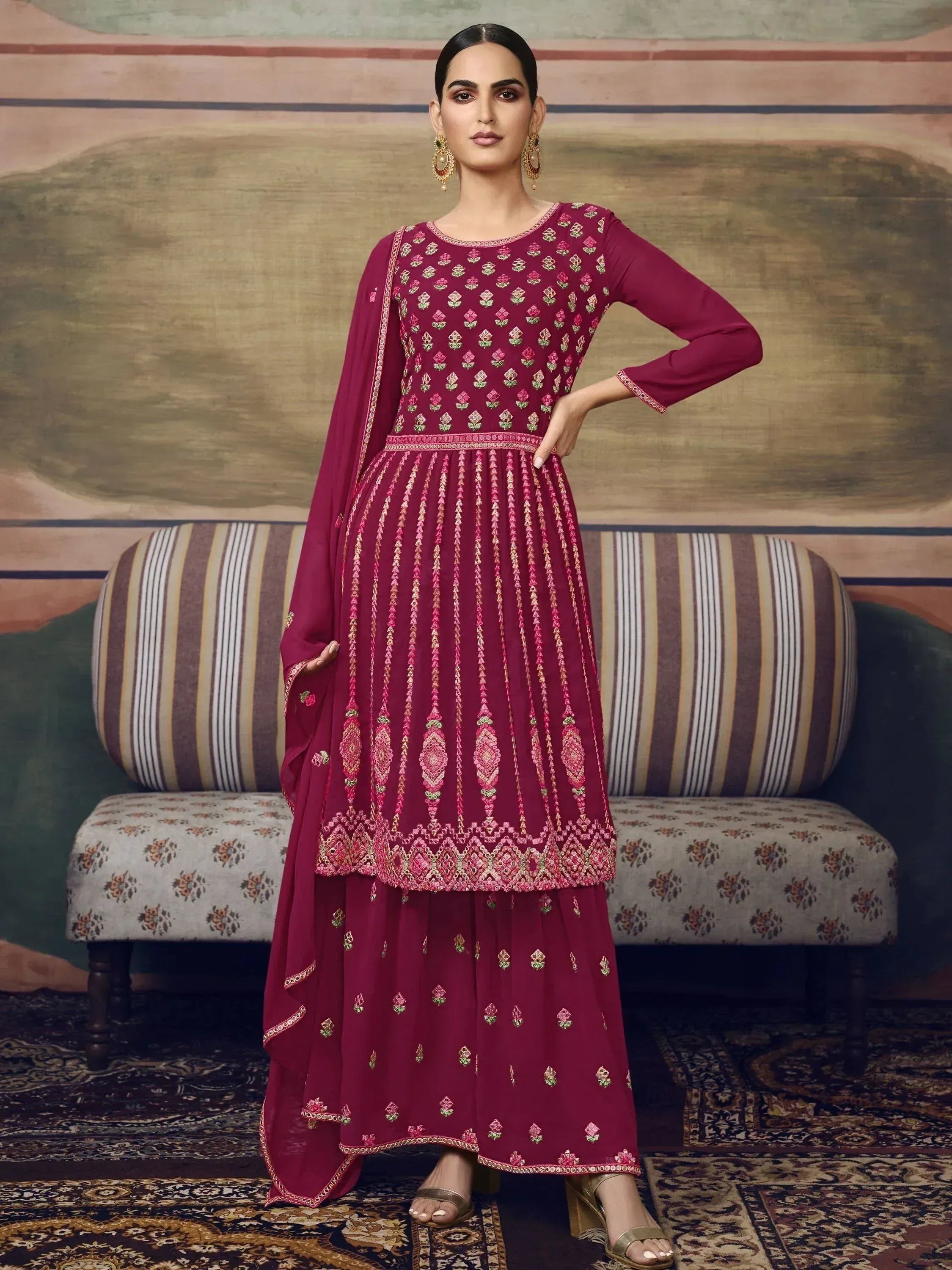 Maroon embroidered salwar kameez with floral motifs and dupatta, Indian ethnic wear