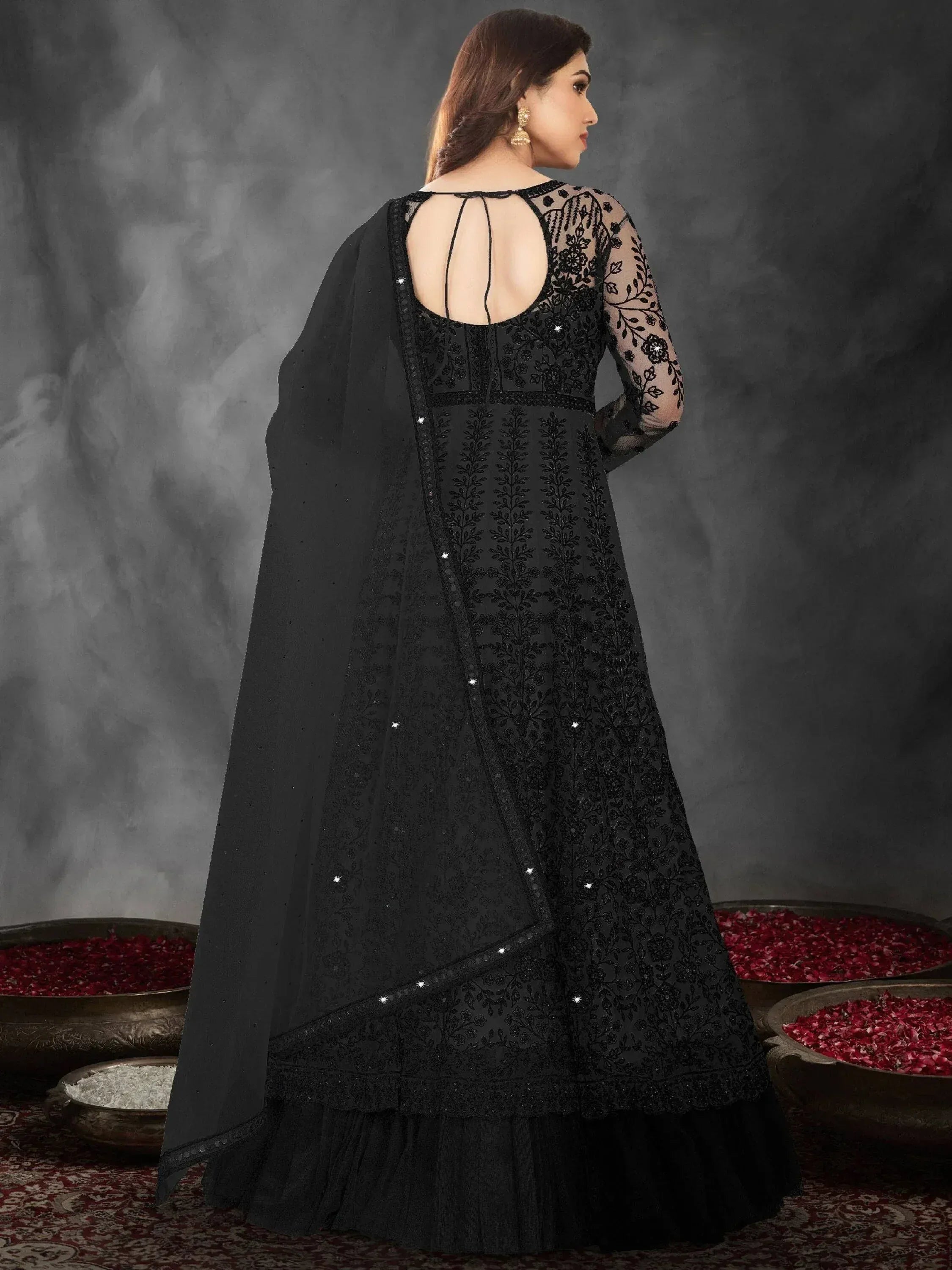 Black embroidered anarkali with sheer sleeves and back cutout, ethnic wear for women