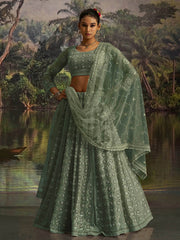 Gleaming Green Net Zarkan Work Reception Wear Lehenga Choli