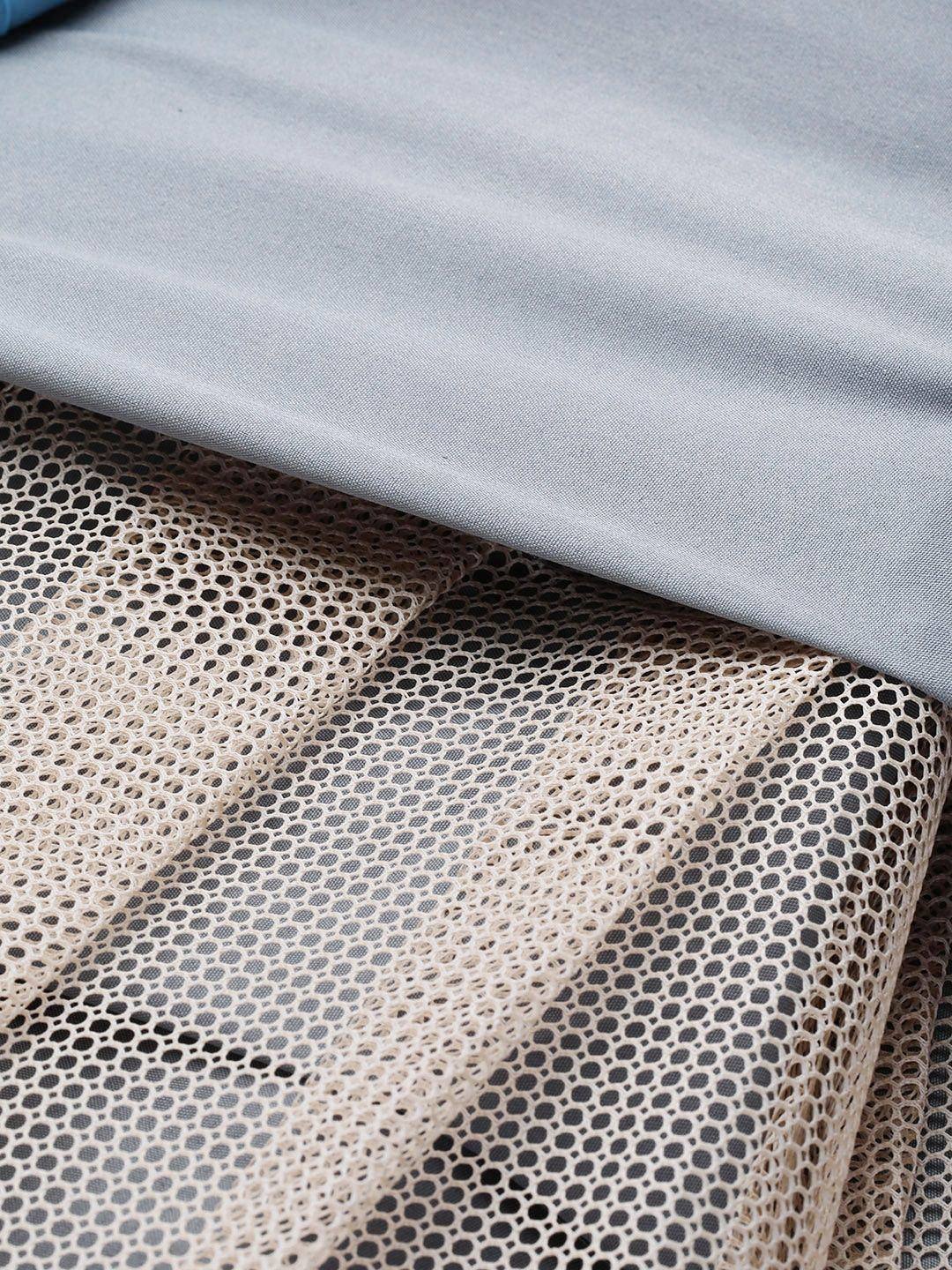 Light gray solid fabric layered over cream mesh netting, ideal for ethnic wear designs