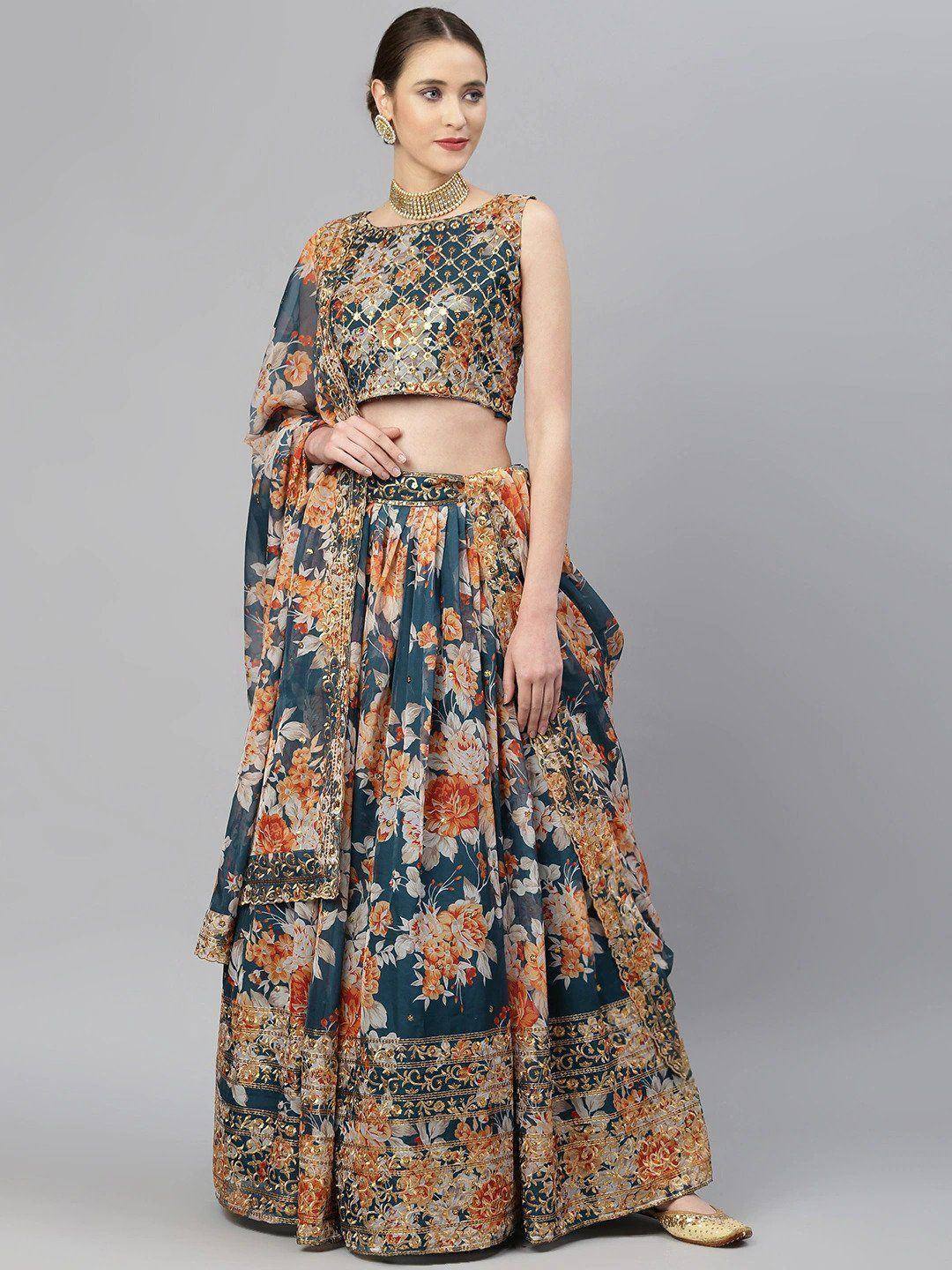 Floral print lehenga choli with gold embroidery, perfect for Indian ethnic wear occasions