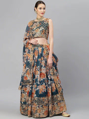 Blue & Peach-Coloured Embellished Sequinned Semi-Stitched Myntra Lehenga & Unstitched Blouse