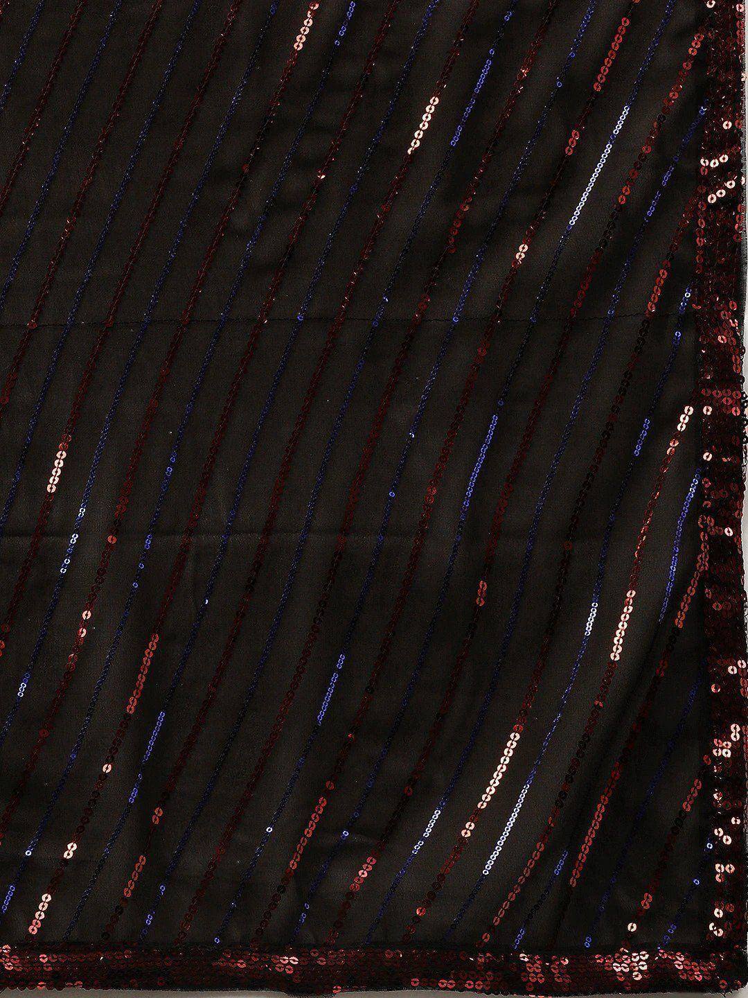 Black ethnic fabric with diagonal red and blue sequin stripes for designer lehenga or saree
