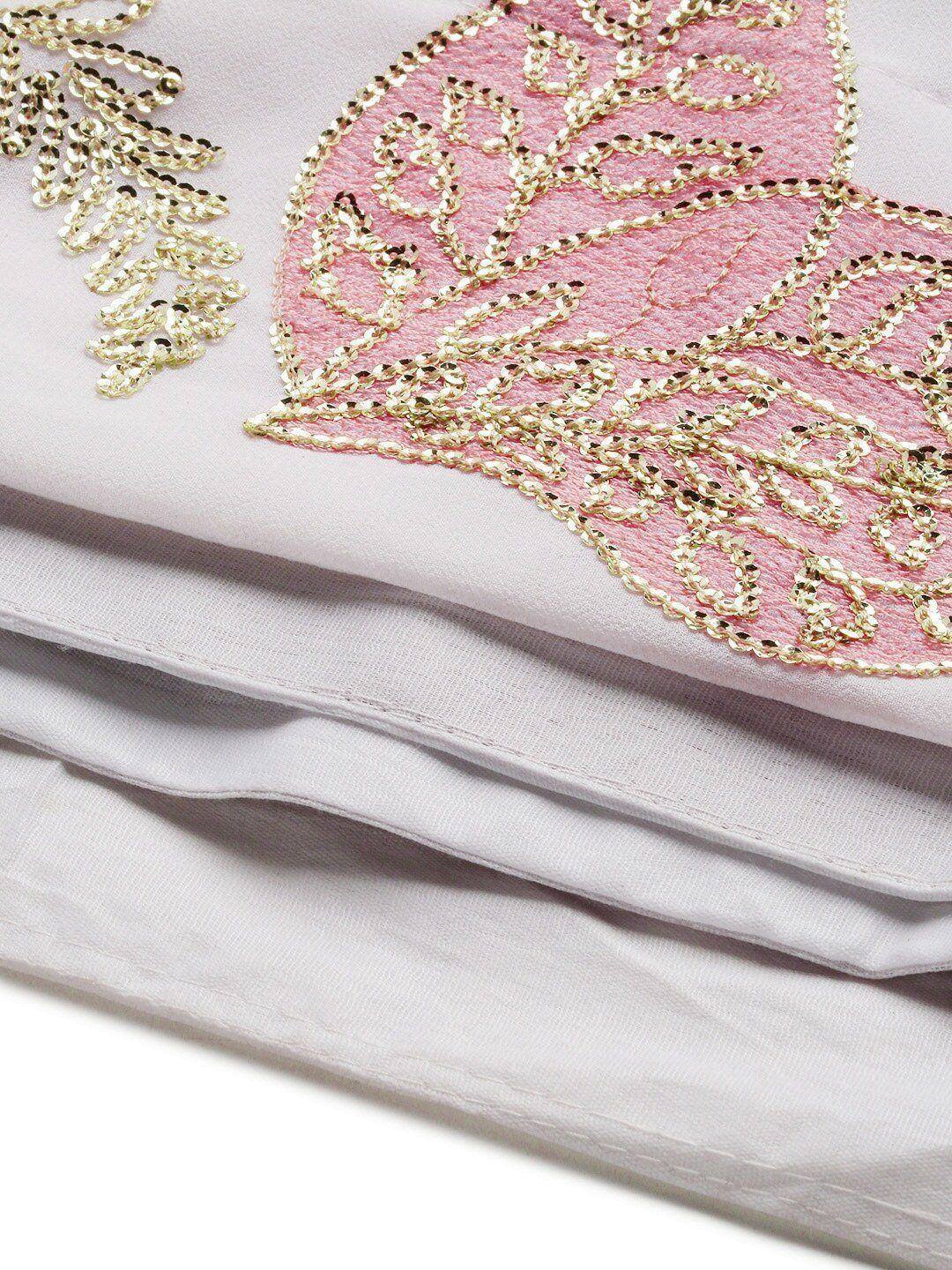 White ethnic wear with pink and gold sequin embroidery, perfect for Indian festive occasions