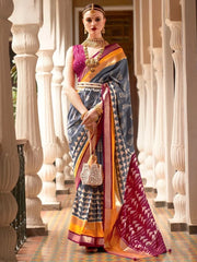 Dazzle Grey and Rani Pink Printed Patola Silk Wedding Saree with Blouse