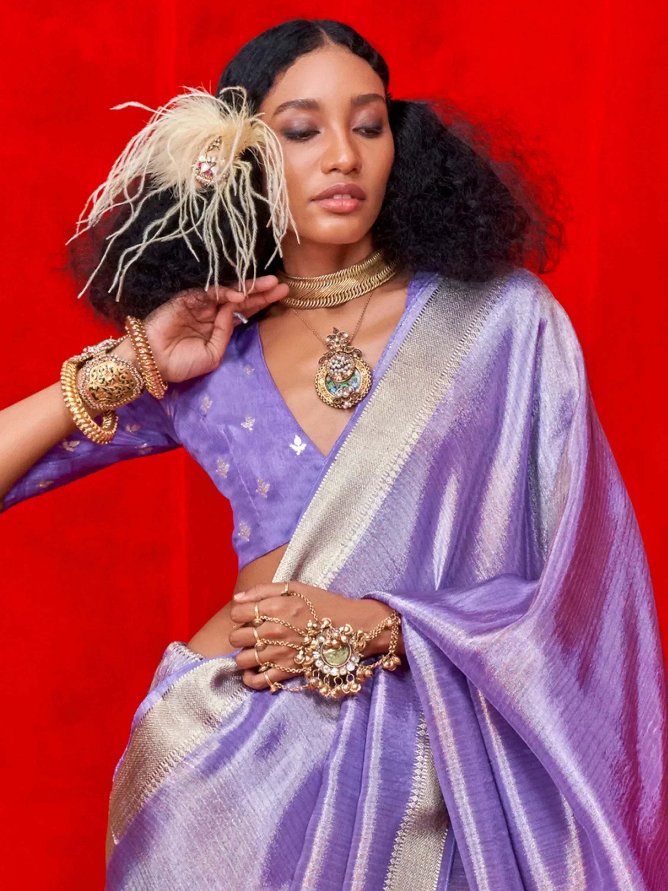 Purple ethnic saree with gold border, designer blouse, and traditional jewelry for Indian wear