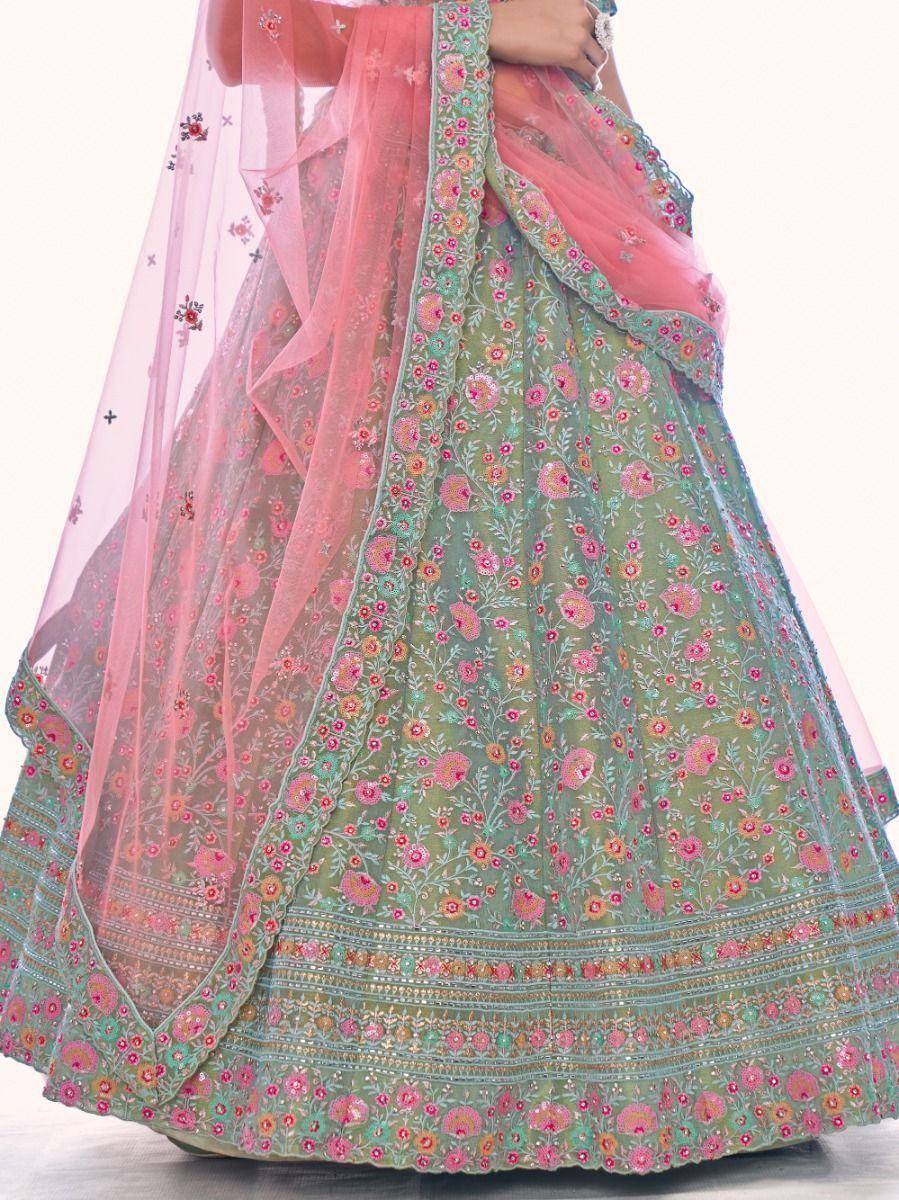 Green floral embroidered lehenga choli with pink dupatta, Indian ethnic wear