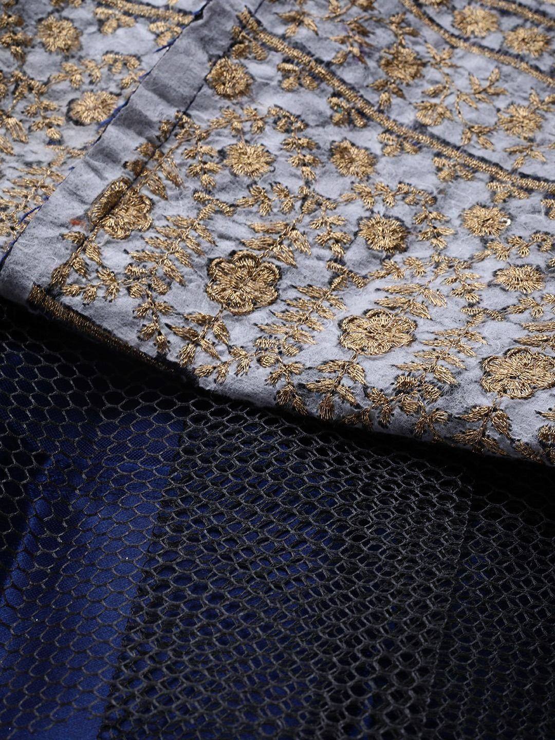 Grey velvet with gold floral embroidery and black net overlay, ethnic wear detail