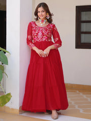 Woman in red embroidered ethnic gown with floral jewelry, Ethnic Plus Indian fashion