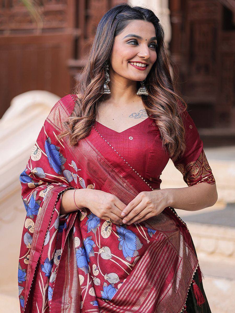 Red floral print saree with blue motifs, ethnic Indian wear for women