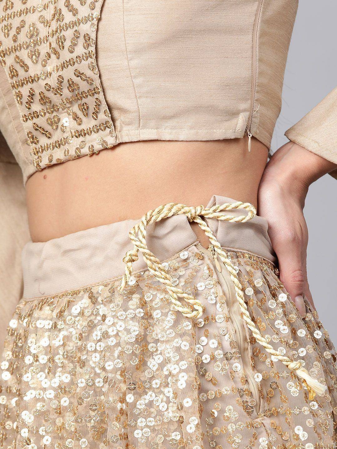 Beige sequin lehenga choli with gold embroidery and drawstring waist, ethnic Indian wear