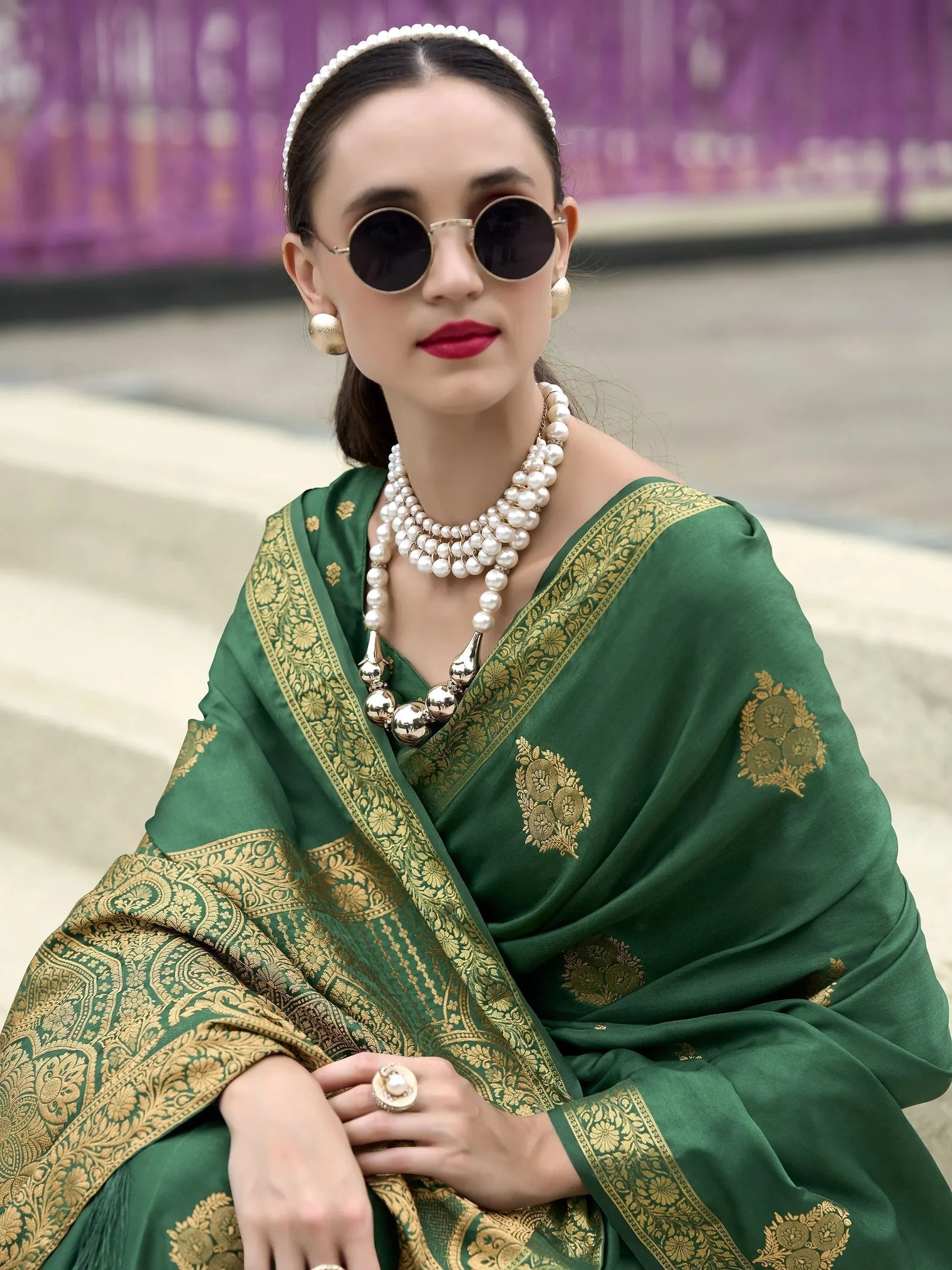 Outstanding Green Zari Weaving Satin Mehendi Wear Saree With Blouse