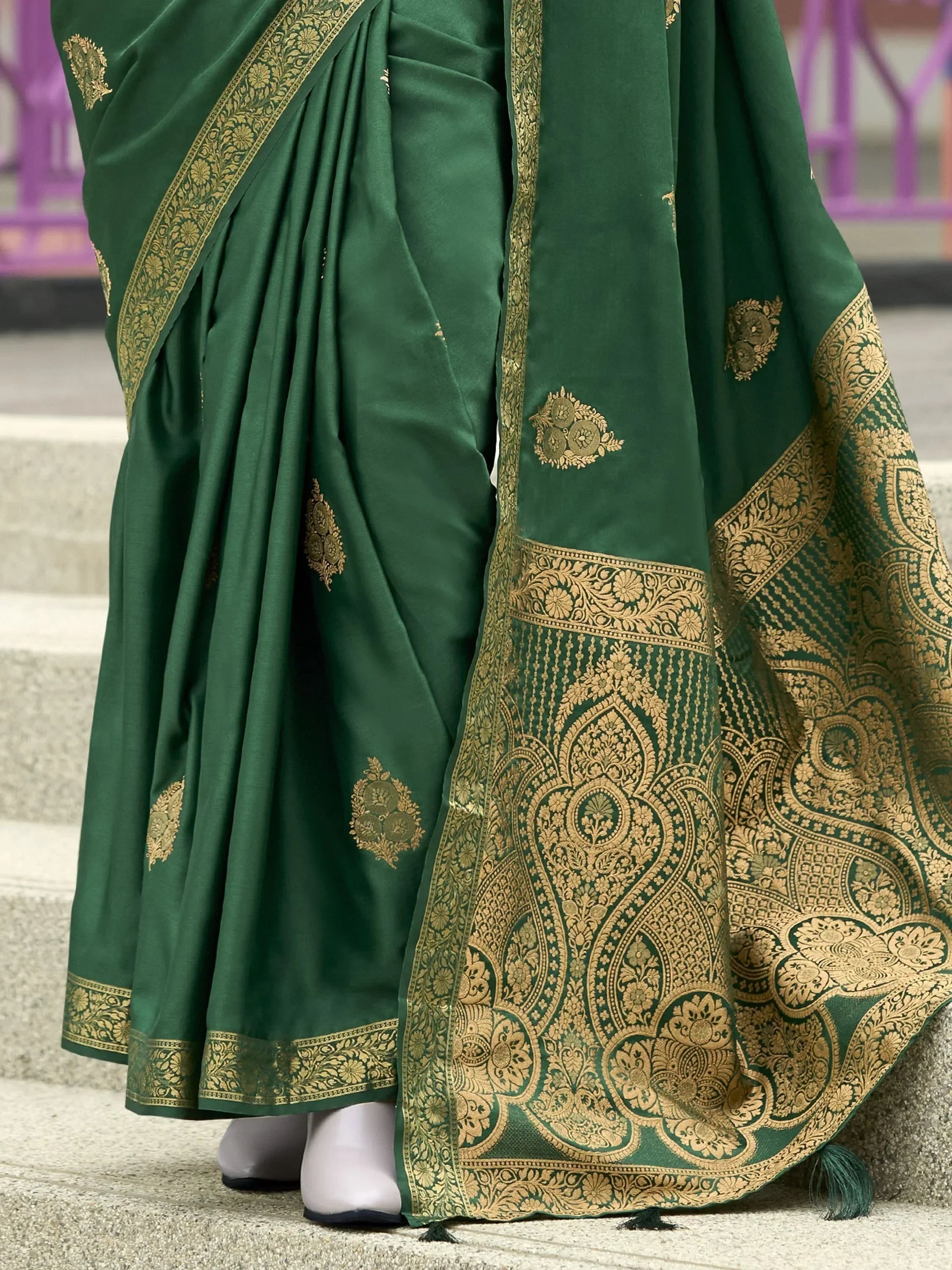 Outstanding Green Zari Weaving Satin Mehendi Wear Saree With Blouse