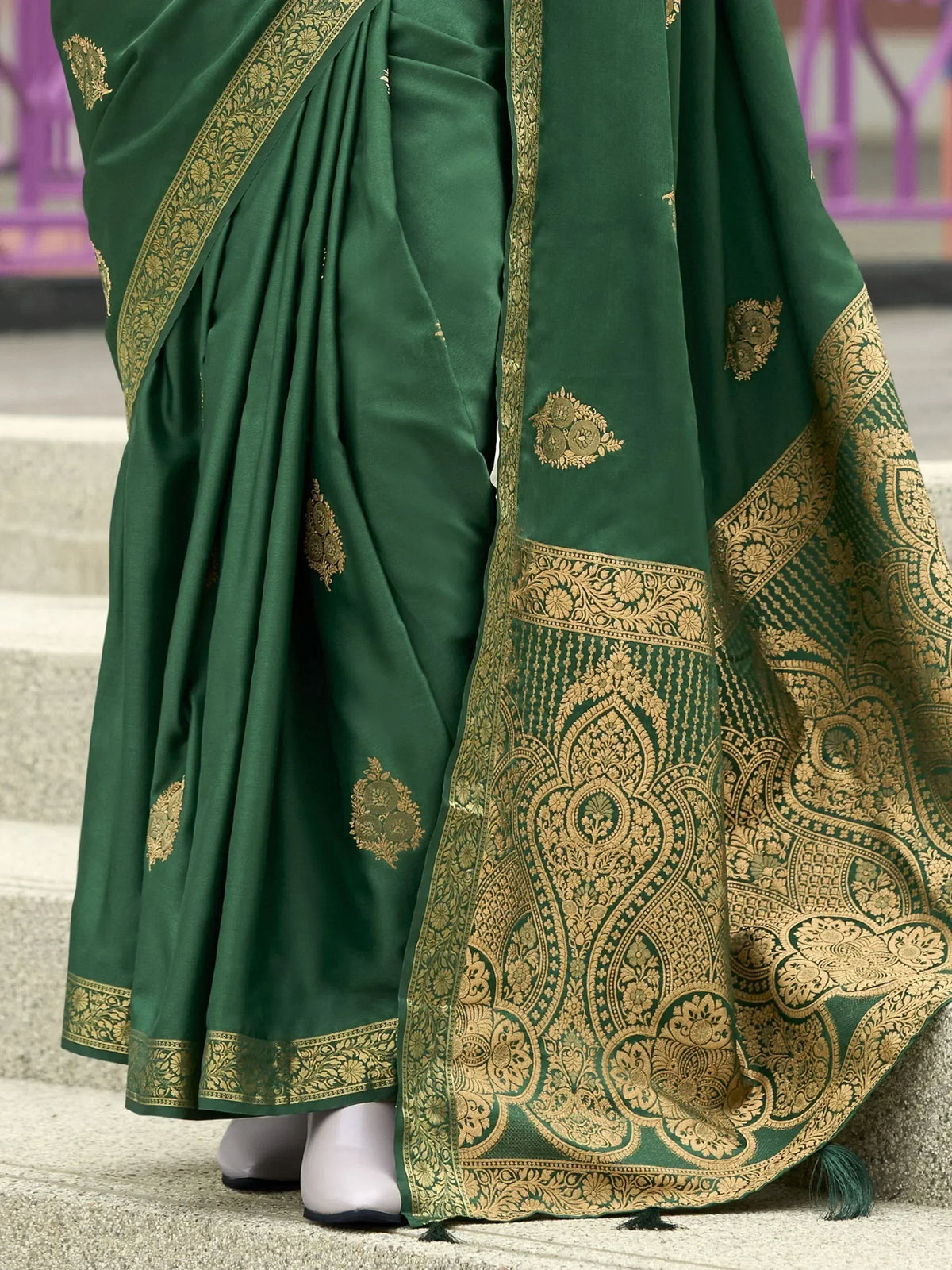 Emerald green saree with gold zari embroidery and paisley border, Indian ethnic wear