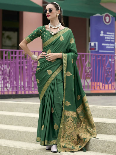 Outstanding Green Zari Weaving Satin Mehendi Wear Saree With Blouse