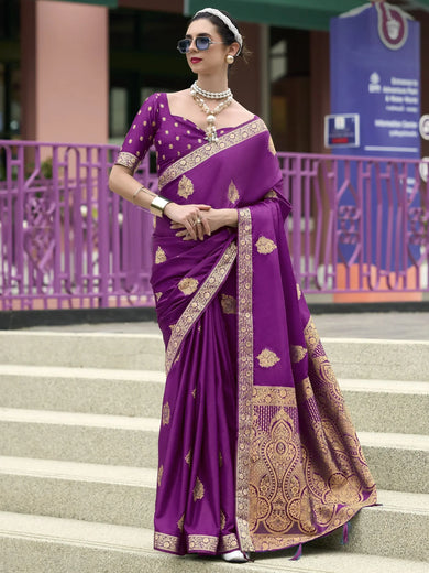 Impressive Purple Zari Weaving Satin Traditional Wear Saree With Blouse