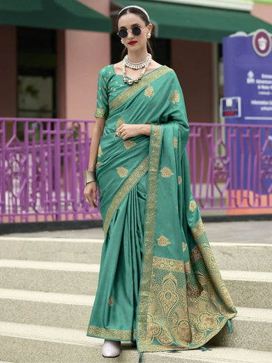 Unique Teal Green Zari Weaving Satin Function Wear Saree With Blouse