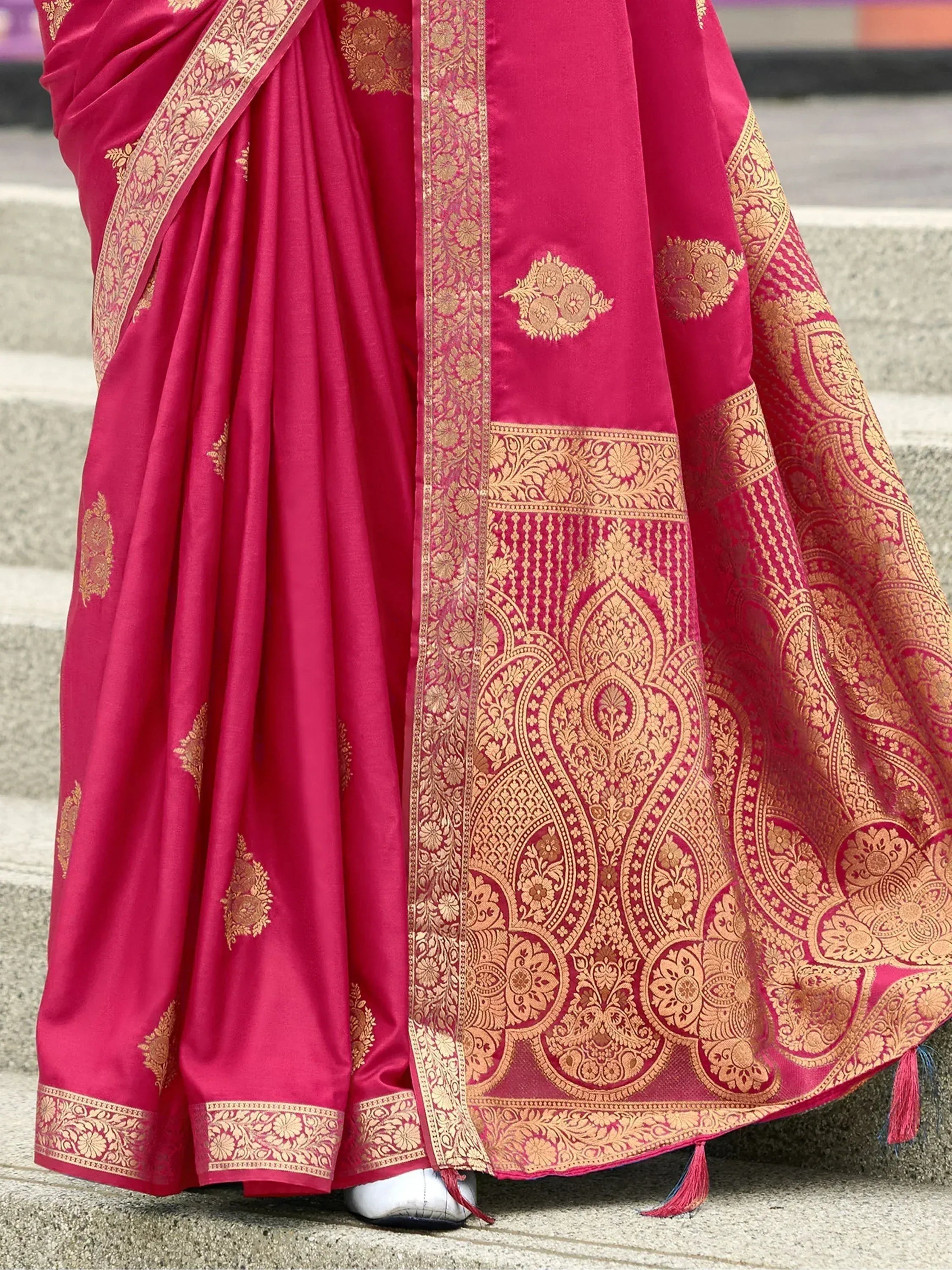 Pink Indian saree with gold floral and paisley border, ethnic wear for women