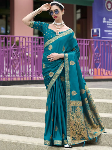 Beloved Teal Blue Zari Weaving Satin Reception Wear Saree With Blouse