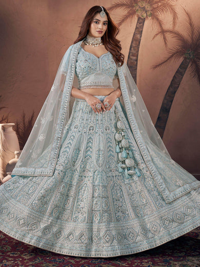 Outstanding Sky-Blue Zarkan Work Net Wedding Wear Lehenga Choli