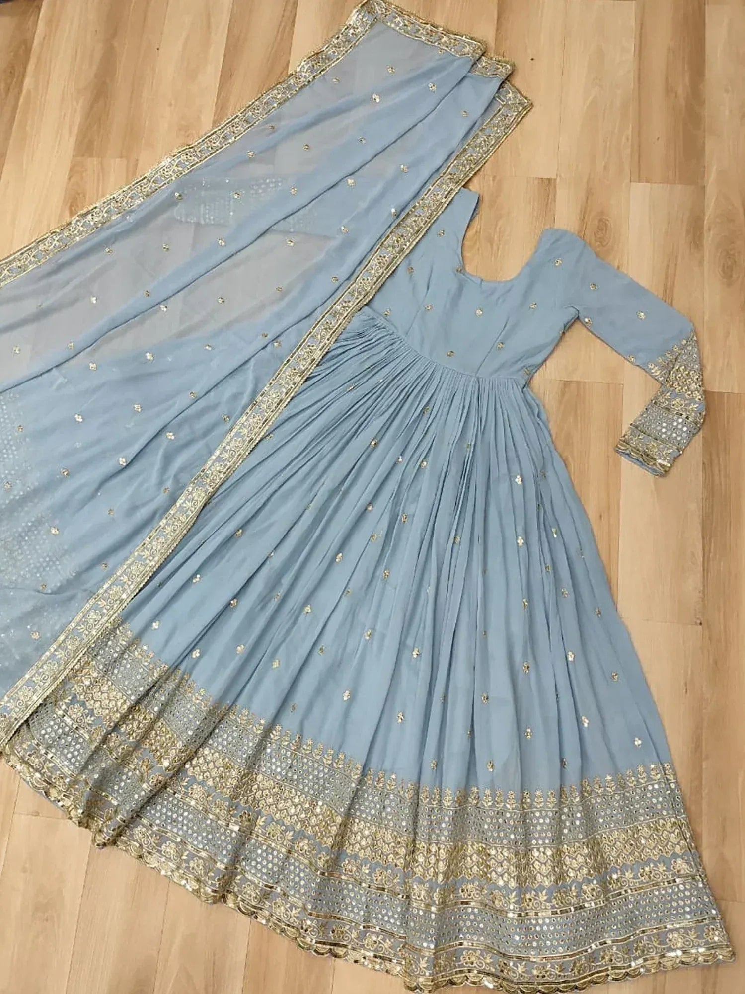 Adorable Sky Blue Embroidered Reception Wear Gown With Dupatta
