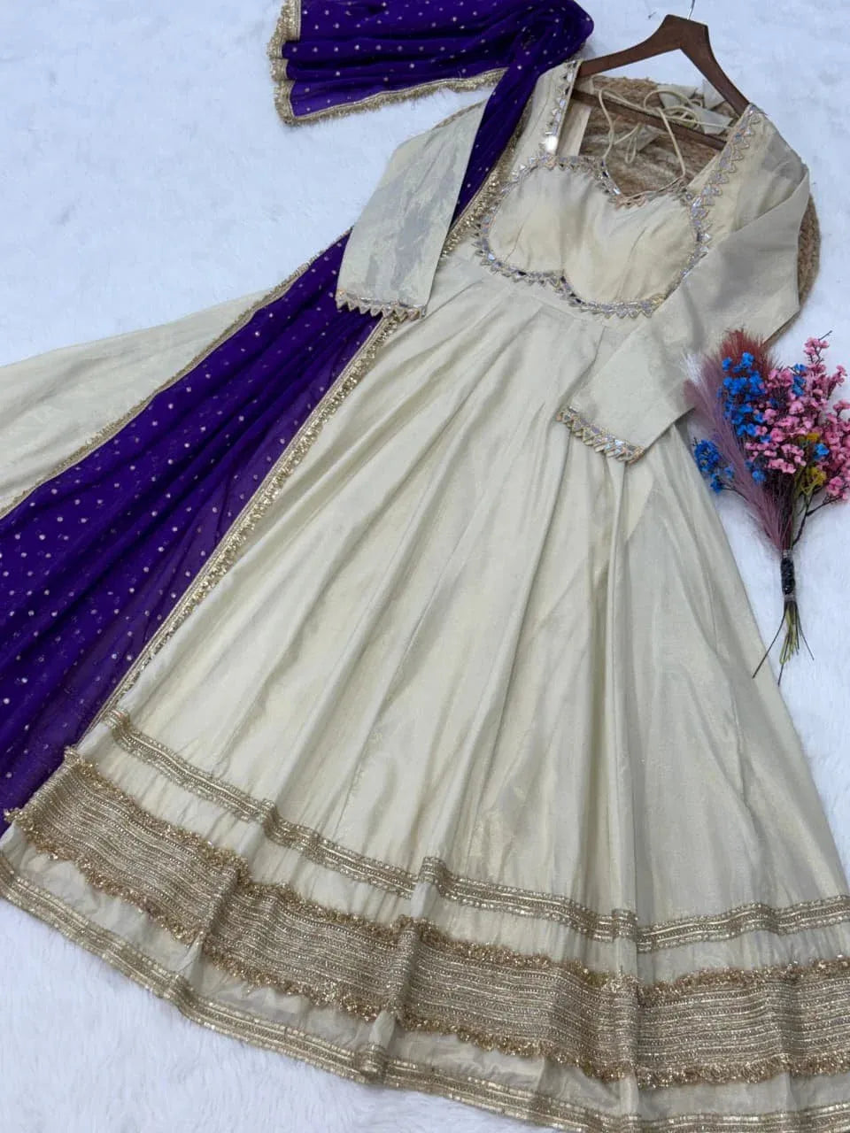 Stunning Purple Lace Work Silk Event Wear Gown With Dupatta